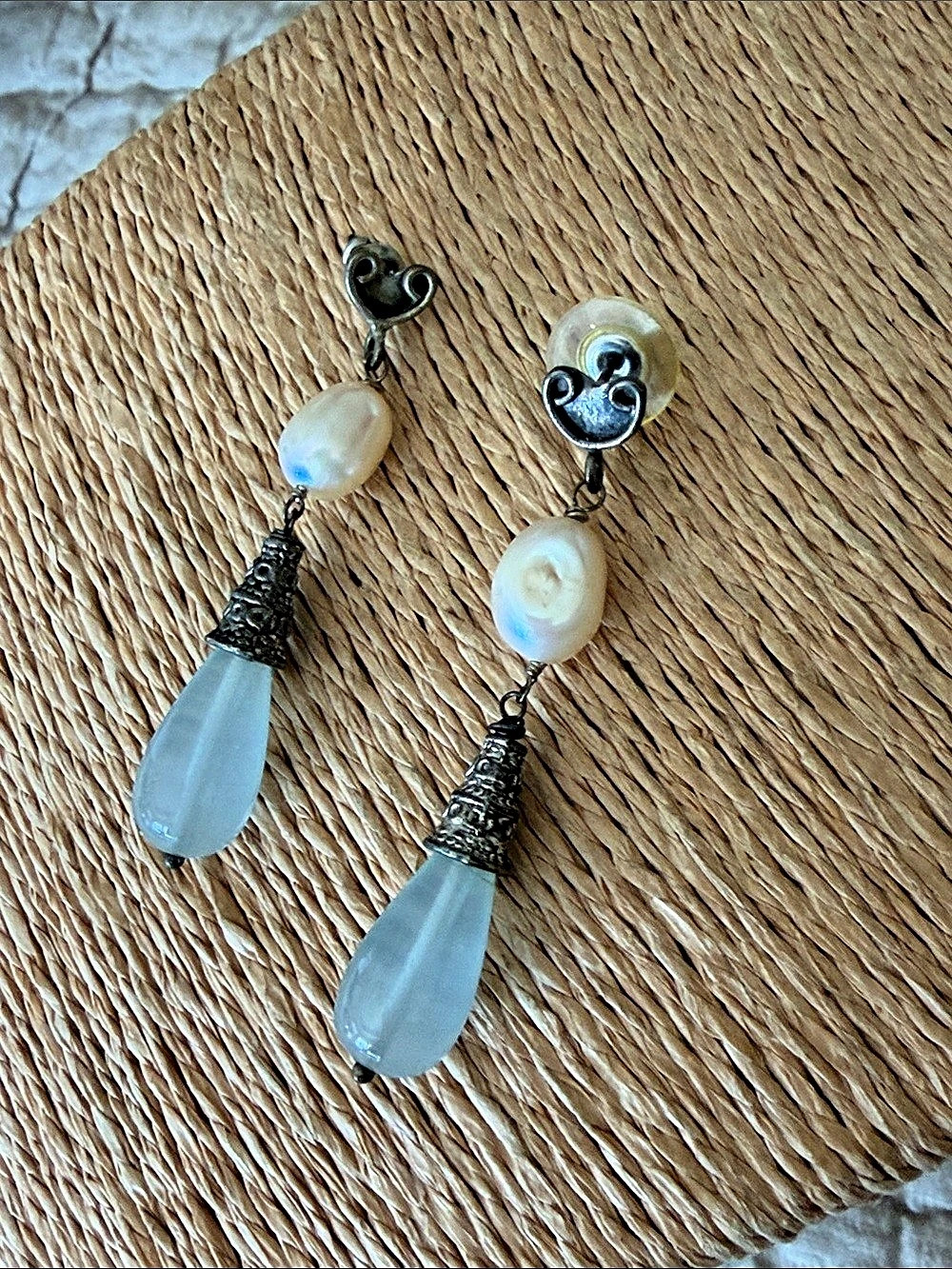 Pearl Drop Earrings sterling silver blue topaz teardrops posts